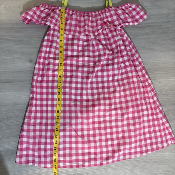 Benetton Little Girls Dress Gingham Ruffle Dress Off Shoulder Red Green Sz 11-12 - Picture 4 of 16